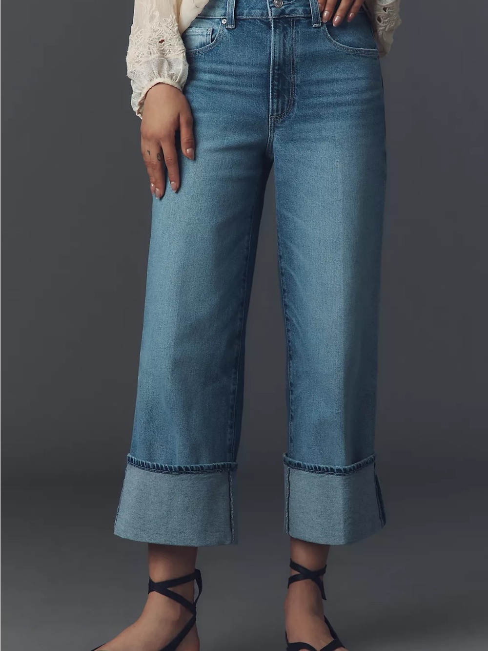 PAIGE Dark Blue Wide-Leg Cuffed Jeans - Picture 2 of 12
